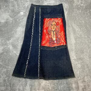 Vintage Ges Denim Midi Skirt Womens 4/6 Applique Y2K Grunge Festival Indie